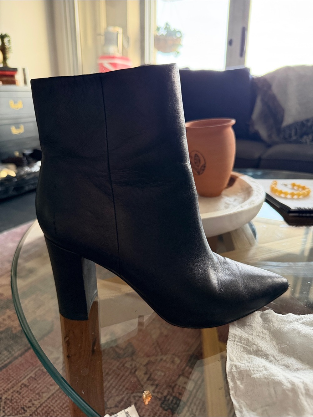 Marc Fisher Black Leather Pointed Toe Block Heel Ankle Booties